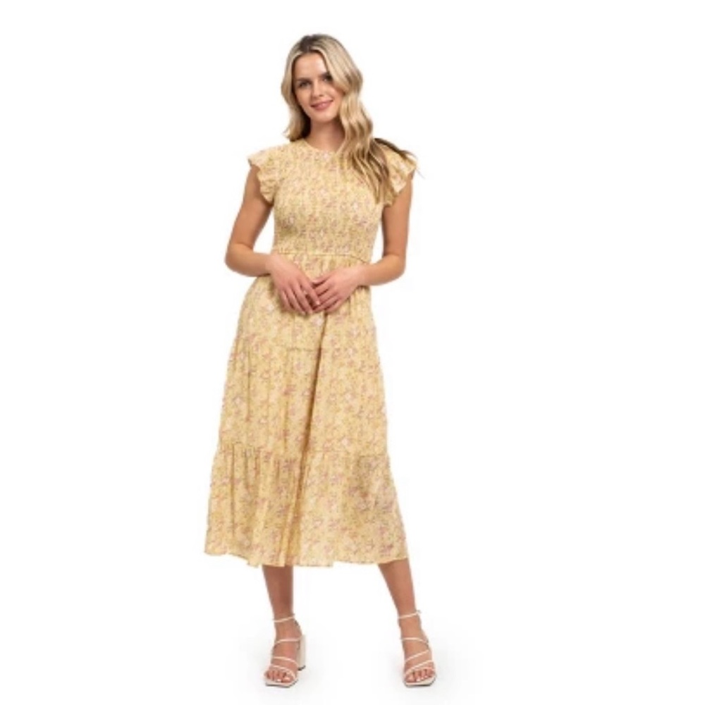 August Sky Smocked Yellow Floral Dress